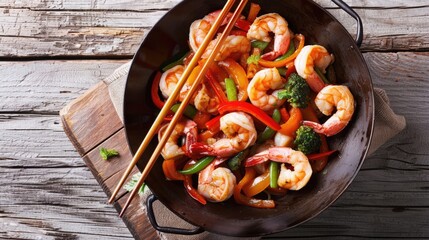 A pan filled with shrimp and vegetables, perfect for Asian cuisine concepts
