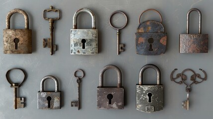 Various old locks and keys displayed on a wall. Perfect for antique collectors or security concept