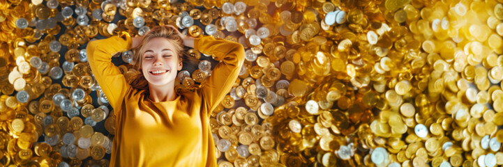 Happy young smiling woman lying on pile of golden Bitcoin coins. Banner with copy space for text. Concept of crypto investing success and financial independence for women