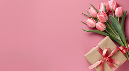 background with tulips and a gift box, Concept of greeting, Generative AI - obrazy, fototapety, plakaty