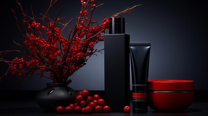 Black bottle dark red background with red berries