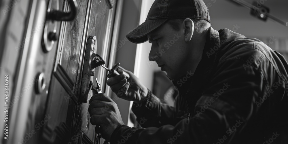 Poster a man using a hammer to work on a door. suitable for construction or home improvement concepts