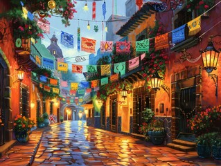 Naklejka premium Vibrant City Street With Numerous Flags