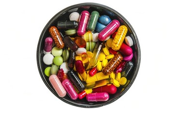 A bowl filled with various pills and capsules. Suitable for medical and healthcare concepts
