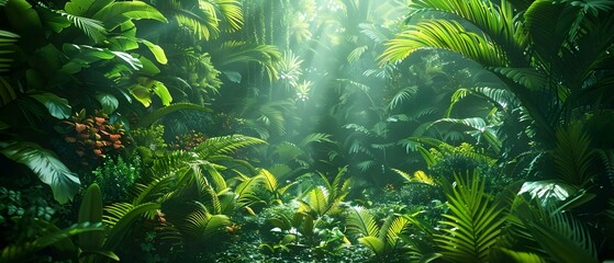 Lush Tropical Rainforest: A Diverse Ecosystem with Fertile Areas and Abundant Vegetation. Concept Tropical Rainforest, Diverse Ecosystem, Fertile Areas, Abundant Vegetation, Lush Greenery