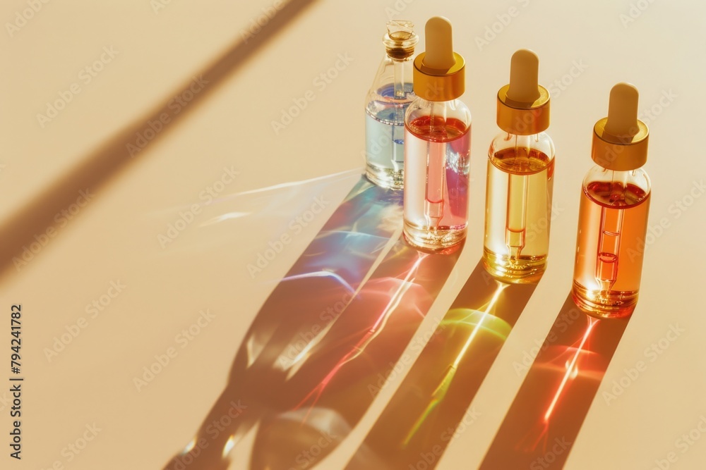 Poster three elegant perfume bottles displayed on a table. perfect for beauty and fragrance concepts