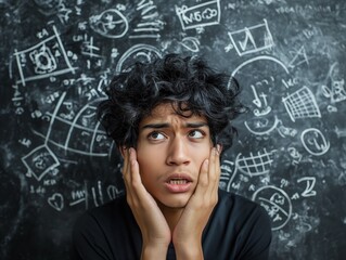 A man with curly hair is looking at a chalkboard with many equations and diagrams. He is confused or overwhelmed by the amount of information on the board