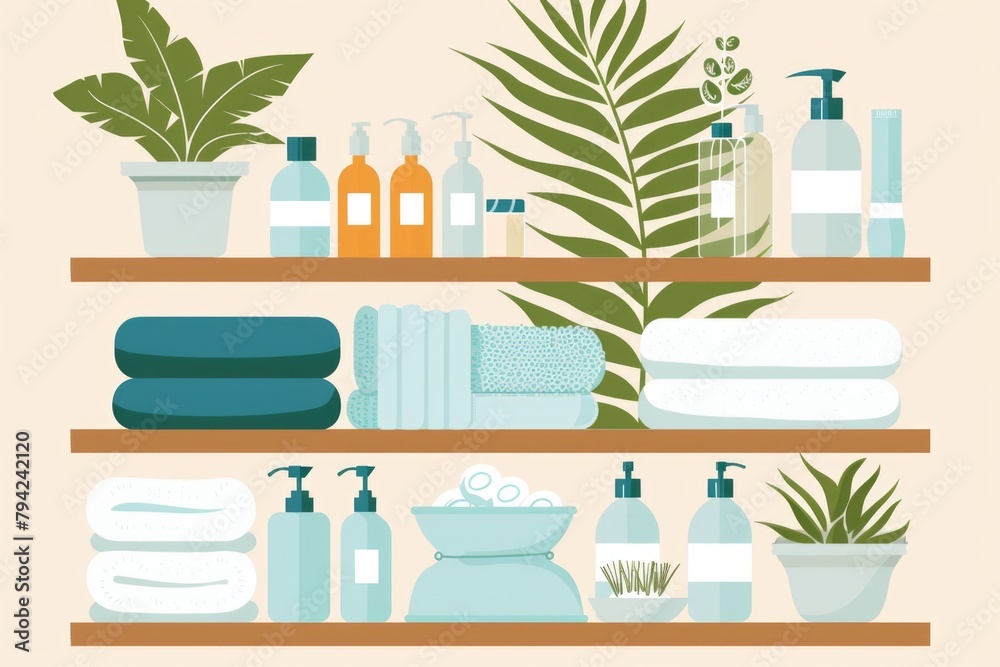 Poster a variety of colorful towels neatly arranged on a shelf. suitable for home decor or retail concepts