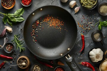 A cooking scene with a variety of spices and herbs on a table. Suitable for food blogs or recipe websites
