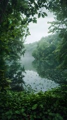 Serene Landscape with Tranquil Lake Surrounded by Lush,Textured Foliage in Cinematic Clarity