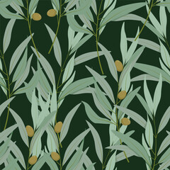 Seamless pattern of olive branches on a dark green background