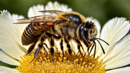 En gros plan, une abeille butine une fleur avec délicatesse, récoltant le nectar sucré dans une danse gracieuse entre la vie et la nature, capturant l'essence de la pollinisation.