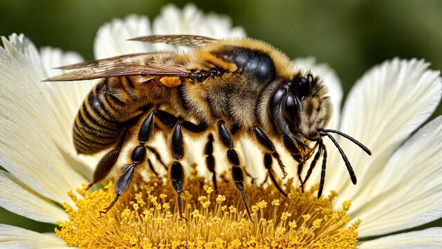 En gros plan, une abeille butine une fleur avec d&eacute;licatesse, r&eacute;coltant le nectar sucr&eacute; dans une danse gracieuse entre la vie et la nature, capturant l'essence de la pollinisation.