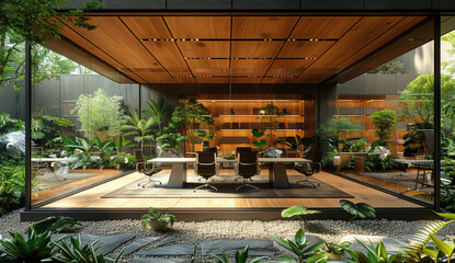 A modern wooden house with glass walls and roof overlooking the jungle in Thailand. Created with Ai