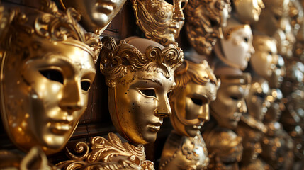 Fototapeta premium Golden masks of various shapes and sizes adorning a masquerade ball