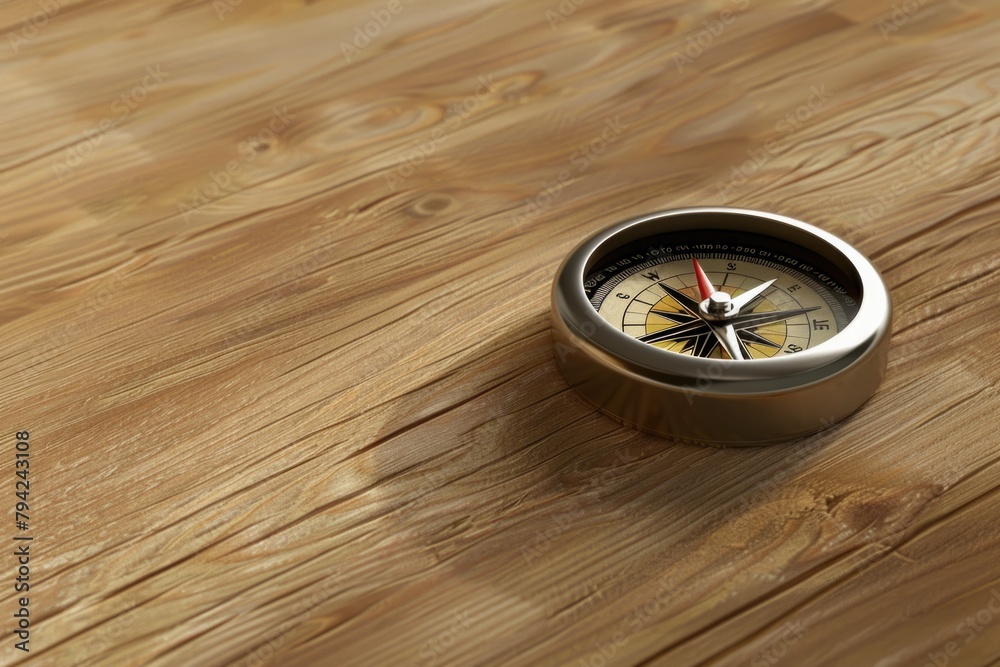 Poster a compass resting on a wooden table. ideal for travel and adventure concepts