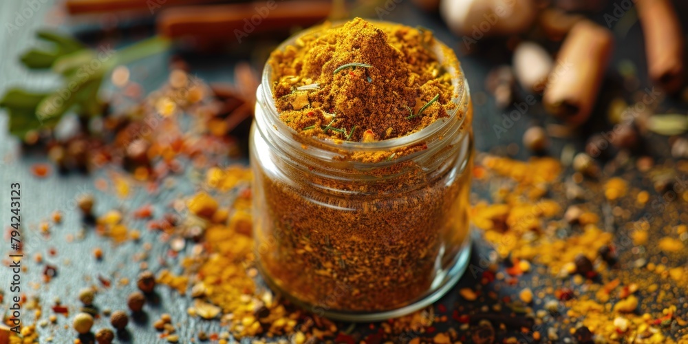 Poster A glass jar filled with a mixture of spices. Ideal for culinary concepts