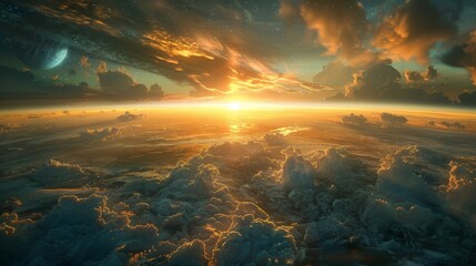 Surreal golden sunrise over a vast cloudscape with a view of distant planets in the sky. - obrazy, fototapety, plakaty
