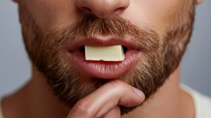 Mouth of man eating white chocolate against white background.