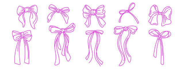 Bow collection. Vector ribbons, silk pink bows