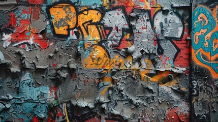 Fototapeta premium A richly textured graffiti piece on a decaying urban wall, featuring layers of paint and expressive color in a state of beautiful entropy.