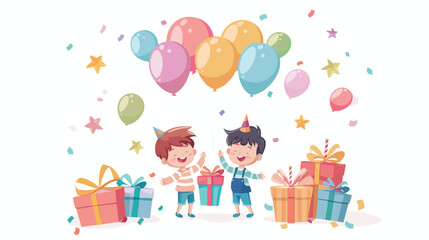 two boys with gifts and balloons on a white background
