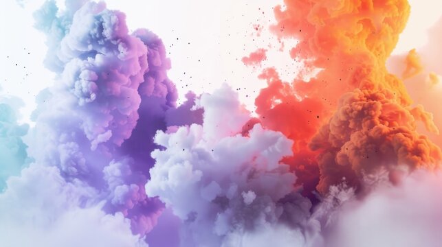 Explosive bursts of brilliant chromatic smoke against a stark white background