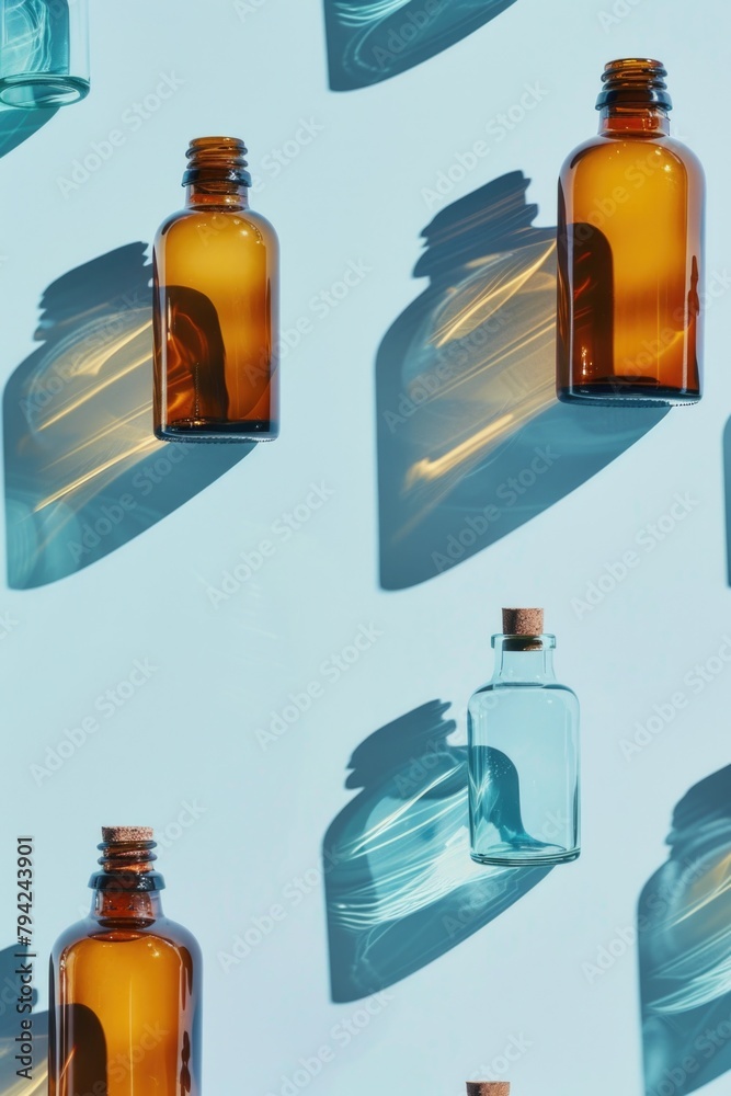 Fototapete a collection of bottles on a table, suitable for various concepts and designs