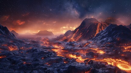 Digital depiction of an alien landscape with molten lava flows cutting through rugged mountainous terrain under a starlit sky.