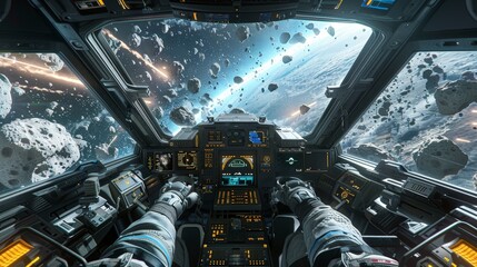 First-person perspective from a spaceship cockpit navigating through a dense asteroid field, with controls and space suit visible.