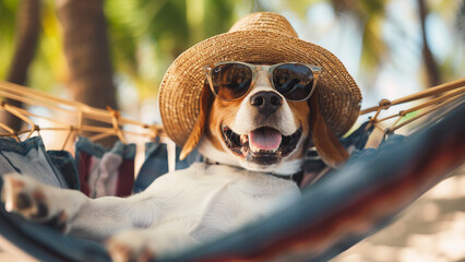 Fototapeta na wymiar Happy Beagle relaxing on the hammock at the beach