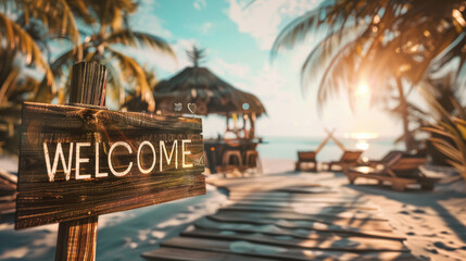View of a thatched oceanfront bungalow with a "Welcome" sign at the entrance. Relaxation area with sun loungers and palm trees around. Travel and vacation concept.
