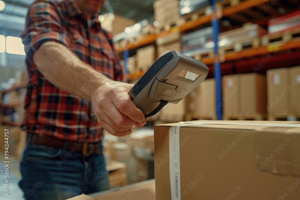 Poster A man using a scanner to scan a box. Suitable for technology and inventory management concepts