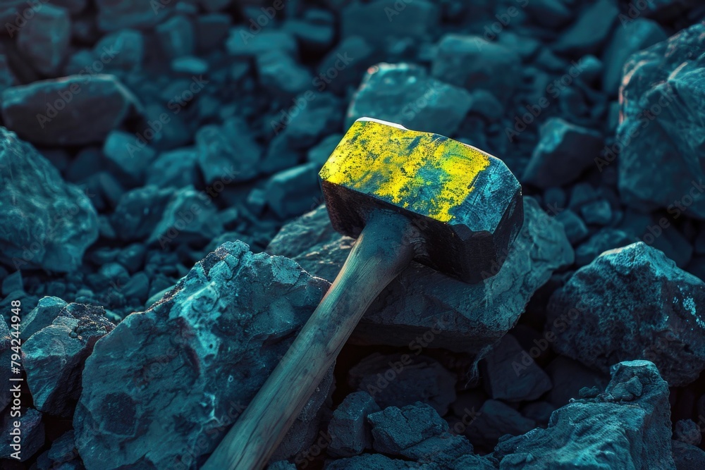 Poster A hammer sitting on top of a pile of rocks. Suitable for construction projects
