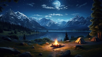 silence at night in a mountain valley accompanied by a simple tent and campfire and the stars starting to shine - obrazy, fototapety, plakaty