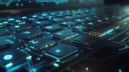 Create a striking close-up shot of a sleek computer keyboard, illuminated by the soft glow of a screen, showcasing intricate circuitry details Emphasize the seamless connection between keys and the di