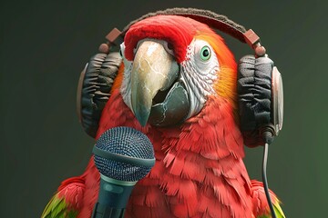 A colorful parrot wearing headphones holds a microphone, against a gray background. - obrazy, fototapety, plakaty