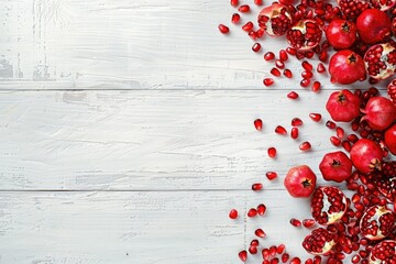 Fresh pomegranates displayed on a clean white wooden table, perfect for food and nutrition concepts - obrazy, fototapety, plakaty