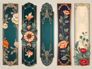Art Nouveau-colored empty banners. Romantic art deco modern frames with floral ornaments, vintage color borders, retro packaging decor with flowers