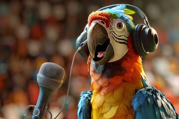 A colorful parrot wearing headphones sings into a microphone with a blurred crowd background. - obrazy, fototapety, plakaty
