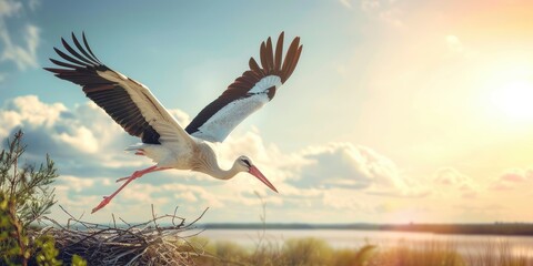 Naklejka premium A beautiful crane flies over the landscape on a sunny day