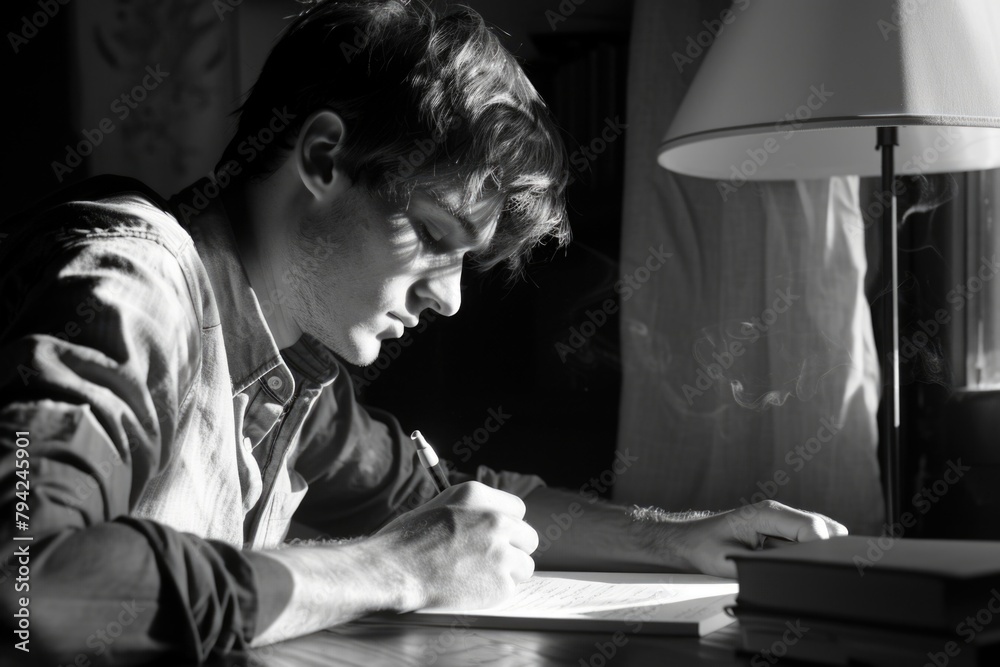 Poster a man sitting at a table writing on a piece of paper. suitable for educational or office concepts