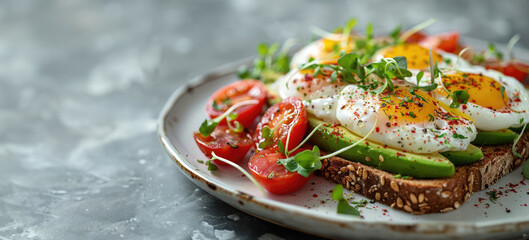 Avocado toast with sliced avocado, cherry tomatoes, poached eggs, and microgreens, on a grey concrete background, copy space.