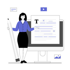 Copywriter with article on the web page. Woman creates interesting content for websites and social networks. Vector illustration with line people for web design.