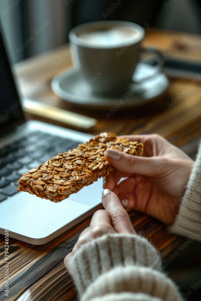 Poster a person holding a piece of food in front of a laptop. suitable for technology and food related conc