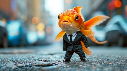 Sleek fish swims through the city currents, adorned in tailored elegance, a piscine ambassador of street style. The realistic urban backdrop blends aquatic allure with contemporary fashion in a captiv - obrazy, fototapety, plakaty