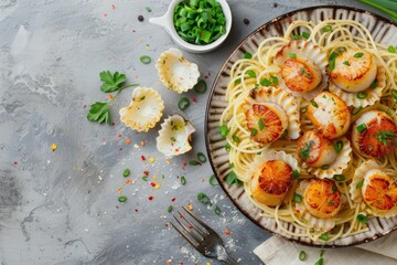 A delicious plate of pasta topped with scallops, perfect for seafood lovers