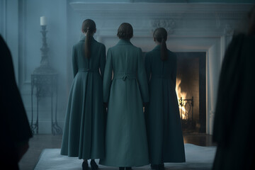 Three figures in matching attire stand before a lit fireplace in a dim, moody room - obrazy, fototapety, plakaty