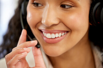 Closeup, woman and microphone at work in call center or customer care in office with smile and...