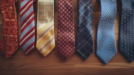 A variety of colorful ties neatly displayed on a wooden surface. Perfect for fashion or business concepts